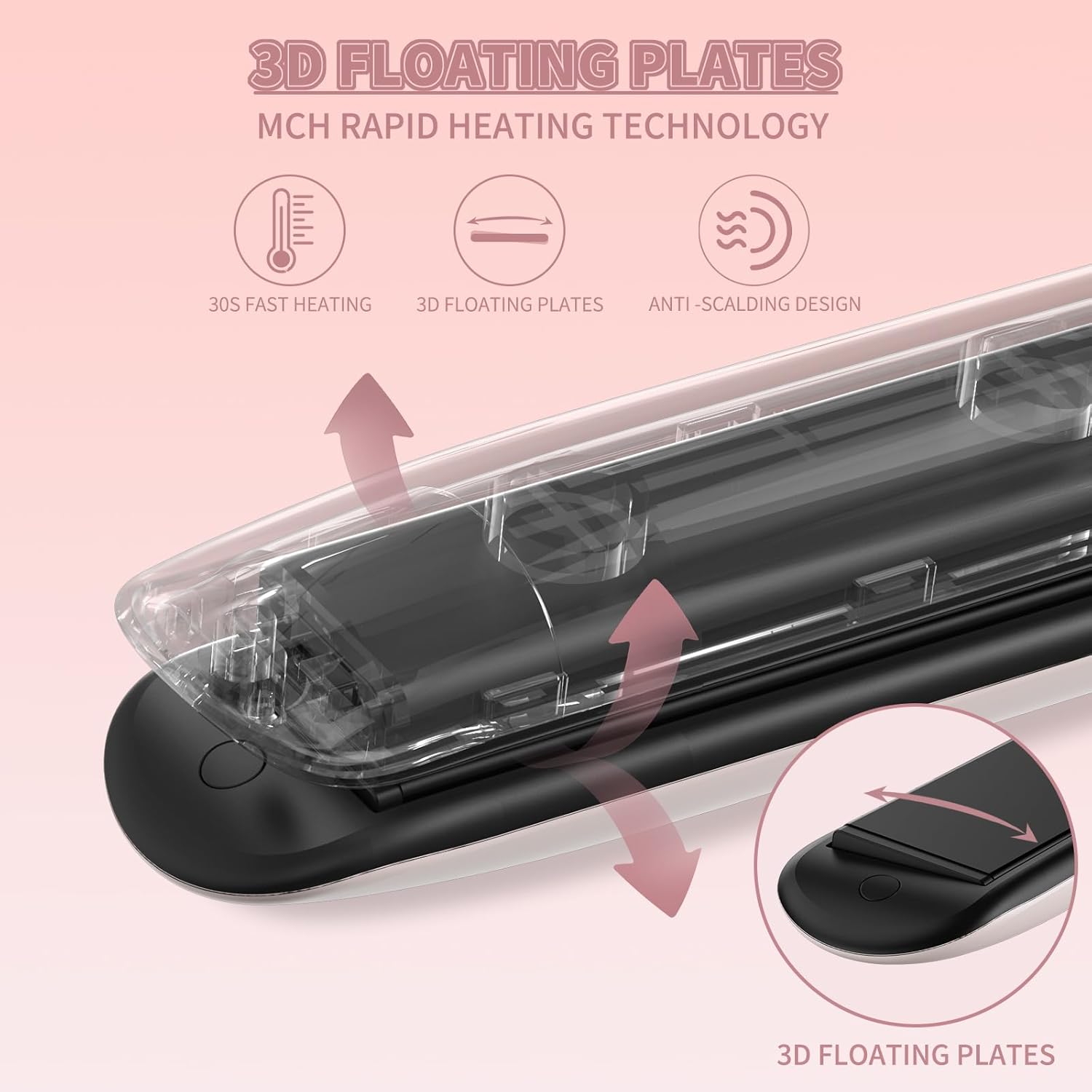 Detalle de K&K 2 in 1 Glätteisen Locken und Glätten – Titanplatten, 20s Schnellaufheizung, 130–230°C, 3D-Schwebepanel, LED-Display, Rosa