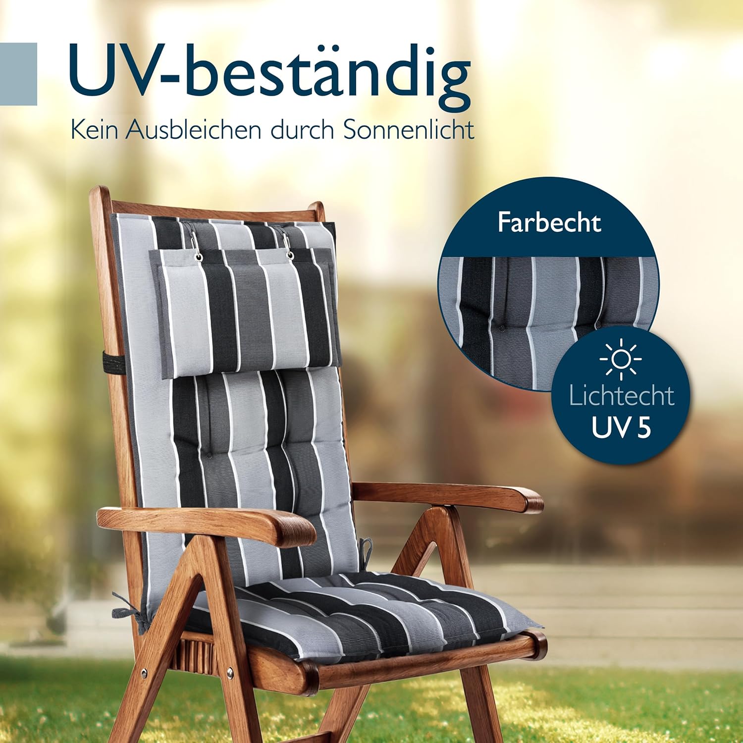 Thumbnail 6 de Beautissu 2er Set Premium Hochlehner Auflagen – 120x50 cm, 8 cm dick, Kopfpolster, rutschfest, UV-beständig, Anthrazit gestreift
