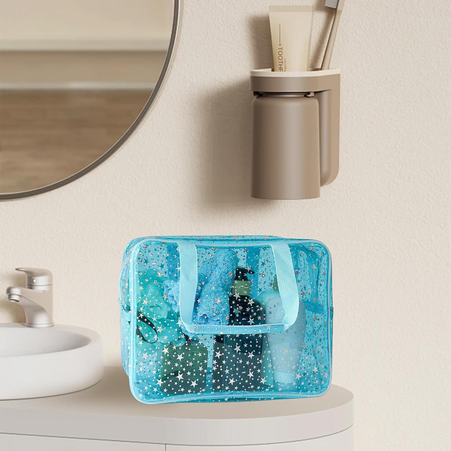 Detalle de TotePrint Kosmetiktasche Sternmuster Blau – wasserdicht aus PVC für Reisen