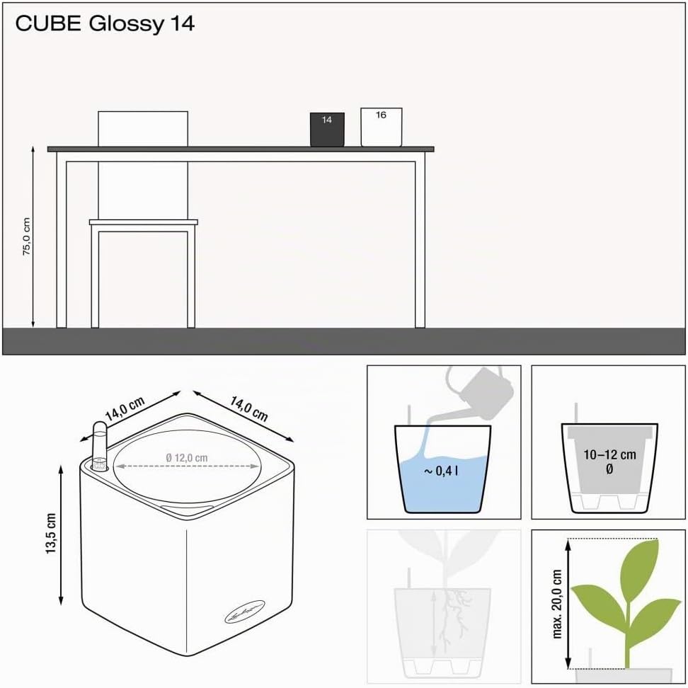 Detalle de LECHUZA CUBE Glossy 14 – Jardinière blanche brillante avec système d’arrosage en bâton