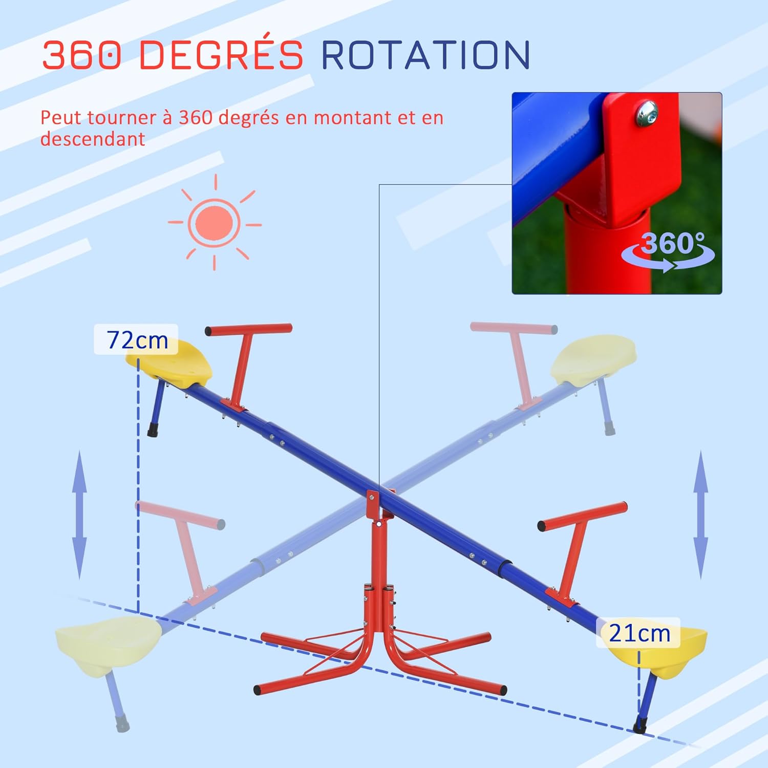 Detalle de Outsunny Balançoire à bascule avec rotation 360° pour enfants de 3 à 8 ans – cadre métal, pied 4 tiges (184 x 76 x 71 cm)