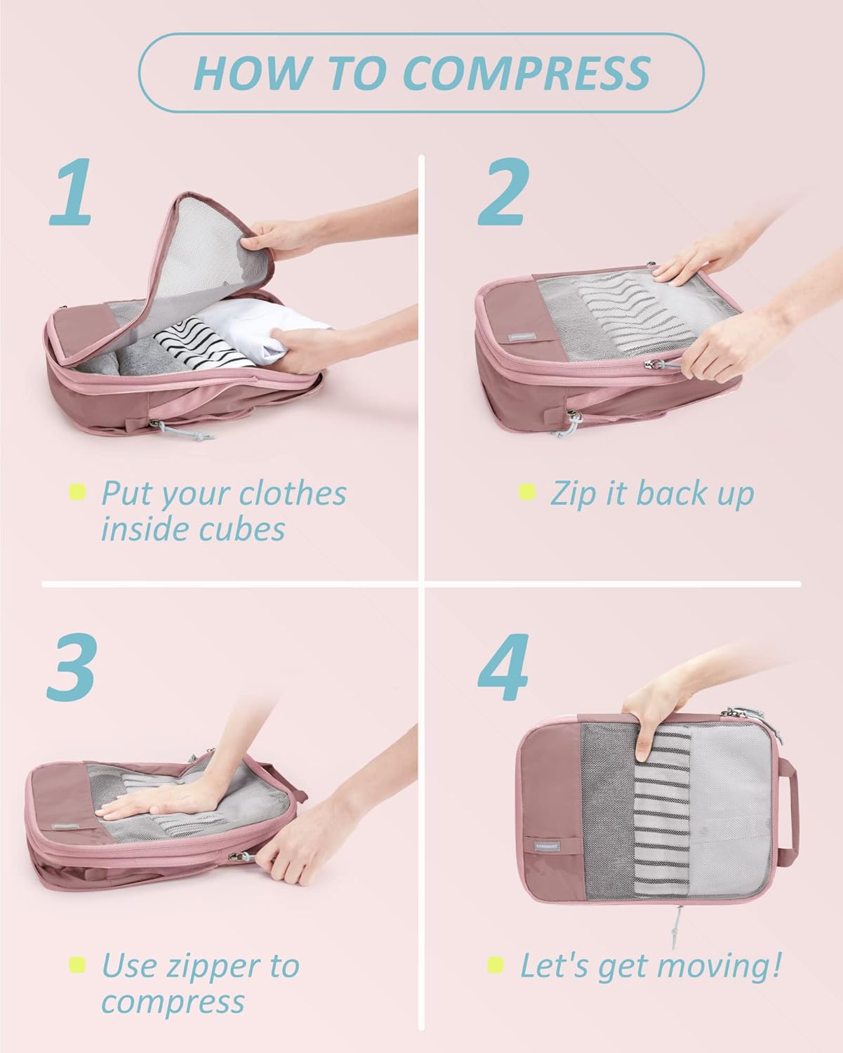 Detalle de BAGSMART Compression Packing Cubes (6-pack) in Dark Pink with Label Pocket