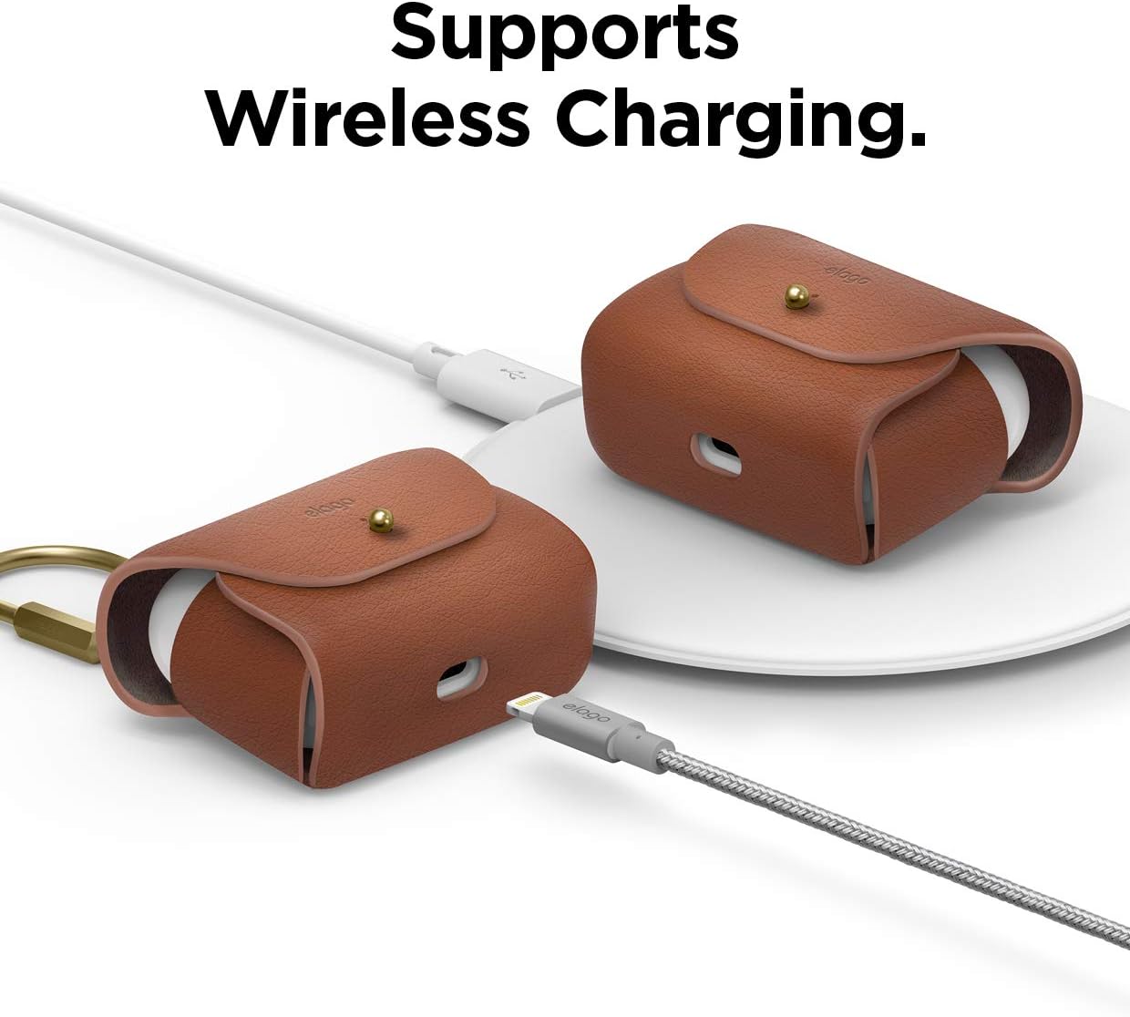 Detalle 2 de elago Étui en cuir pour AirPods Pro 2 (vrai cuir, marron) avec porte-clés en cuivre
