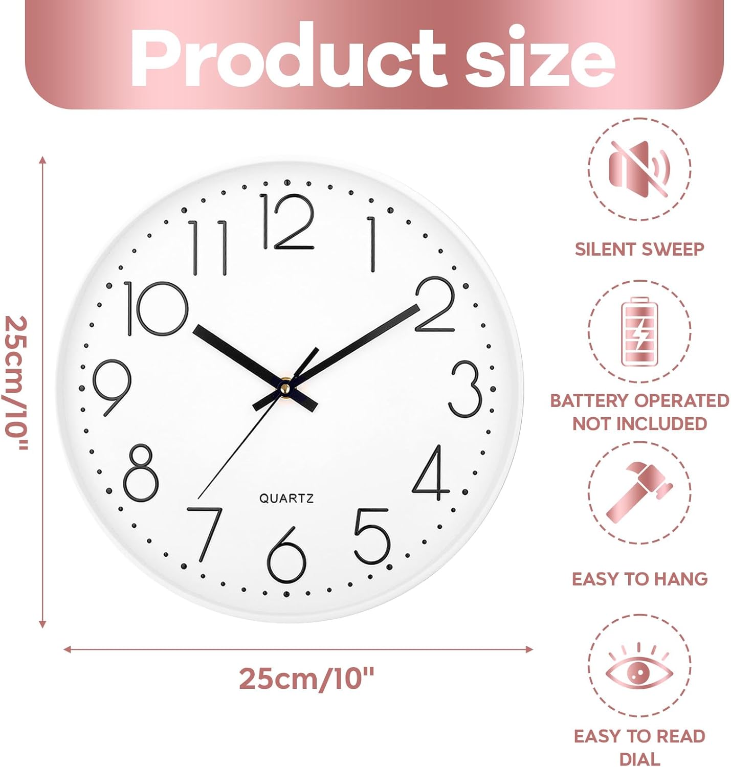 Detalle de Delgeo Modern Silent Wall Clock 25-30cm – Minimalist White/Silver Timepiece for Living Room or Kitchen