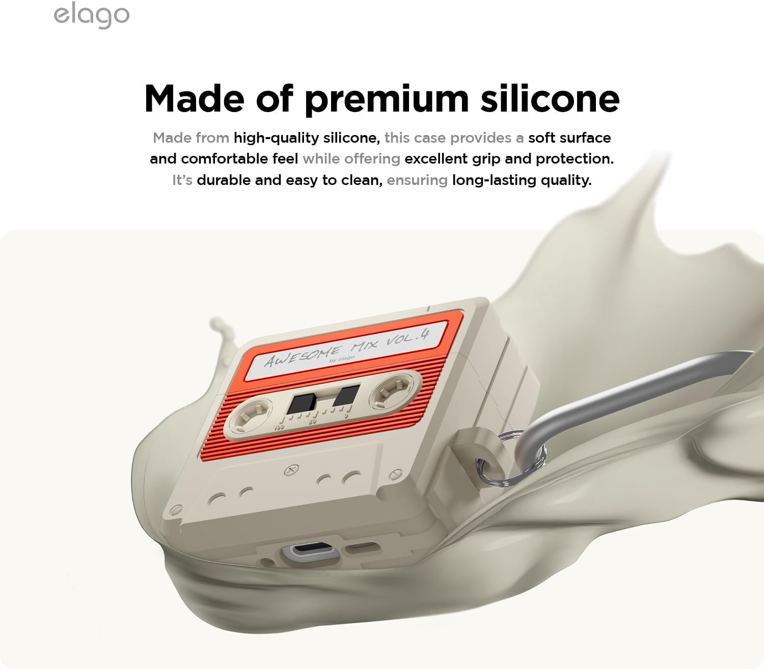 Detalle 2 de elago Coque Cassette pour étui AirPods 4 avec mousqueton – silicone résistante aux chocs, compatible charge sans fil (blanc classique)
