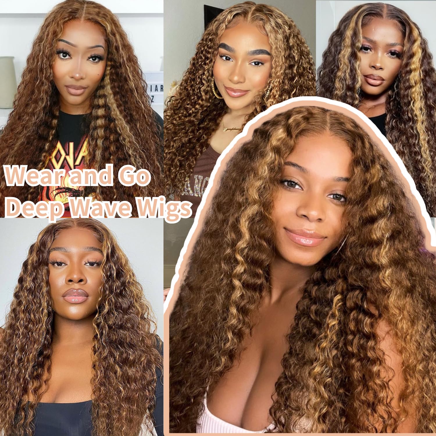 Thumbnail 5 de AAKJJ Deep Wave Lace Front Wig, 24 Inch, 200% Density with 4/27 Highlight Ombre, Glueless 5x5 HD Lace Closure