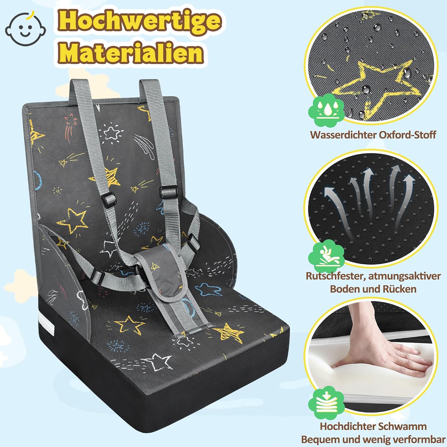 Detalle de UISEBRT draagbare kinderstoelverhoger met 3-puntsgordel, antislip, grijs