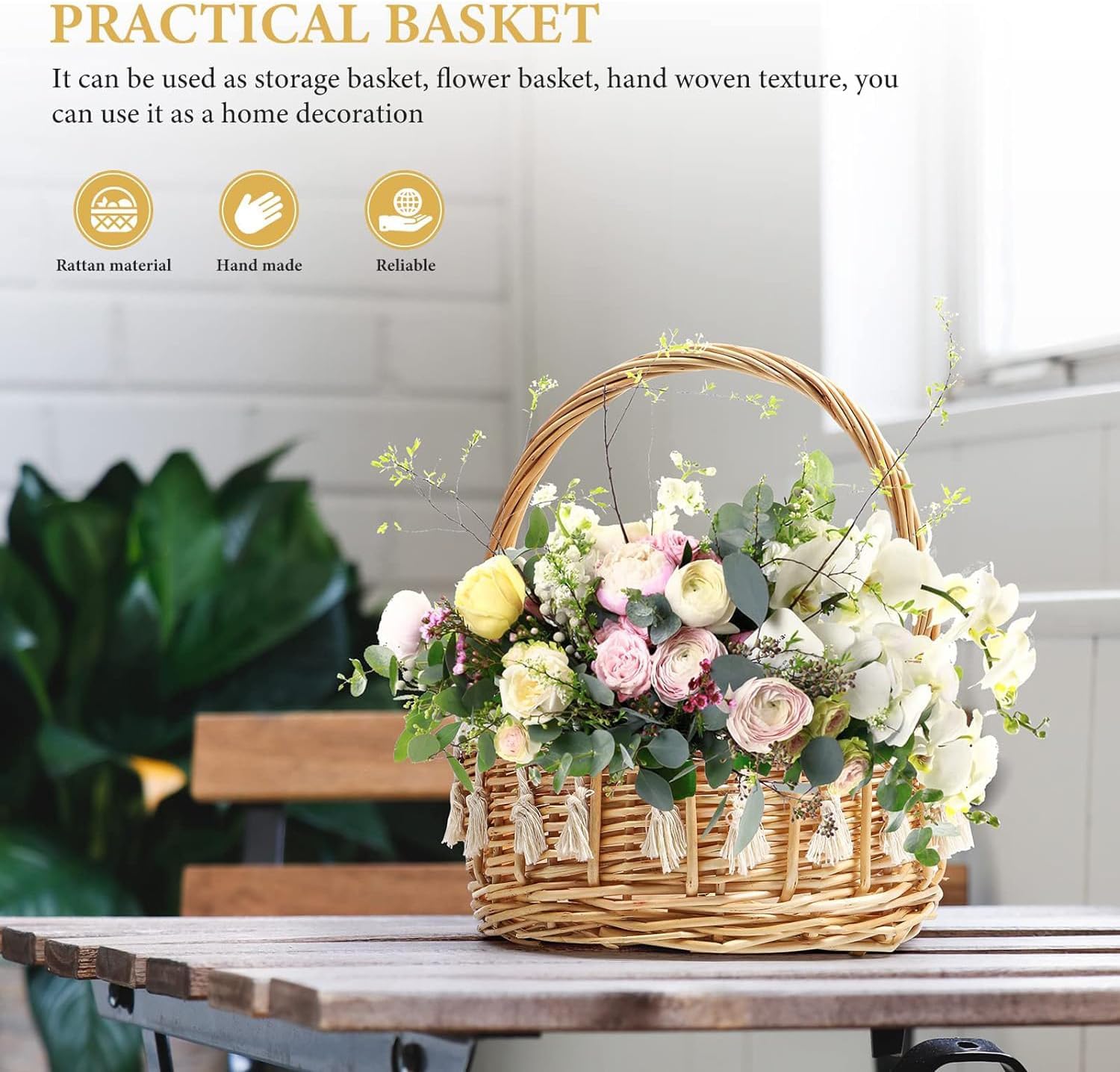 Detalle de 2er-Set Weiden-Blumenkörbchen für Hochzeit mit Henkel (Vintage-Stil)