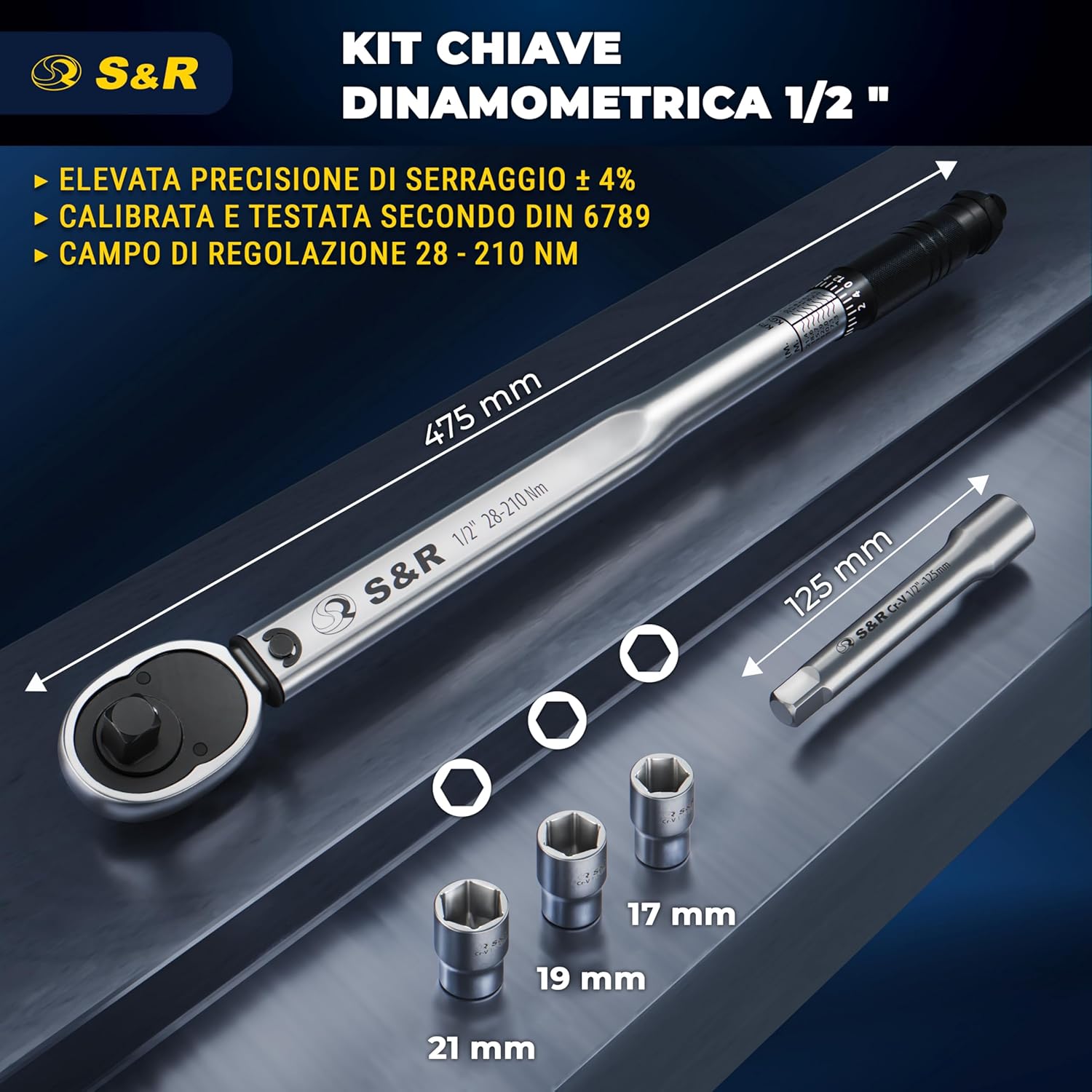 Thumbnail 1 de S&R Chiave Dinamometrica Auto 1/2 — Set completo 28–210 Nm con prolunga e bussole 17/19/21 mm (47,5 cm) in custodia