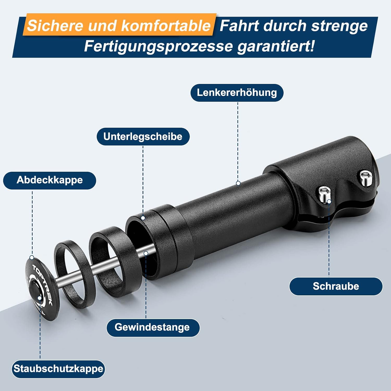 Detalle 2 de toptrek Lenkererhöhung Fahrrad (Vorbau 28,6 mm) für MTB, Rennrad & City – Höhenverstellung mit Spacern, 150 mm