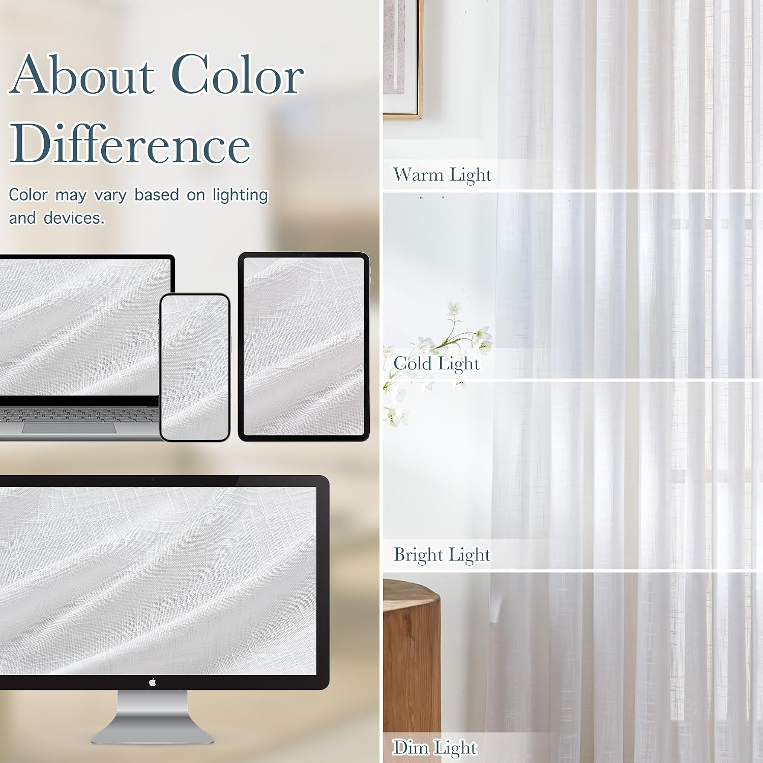 Detalle de PONY DANCE White Voile Curtains 90 Drop Pair (52x90 inches) – semi-sheer linen-look eyelet panels for living rooms & bedrooms