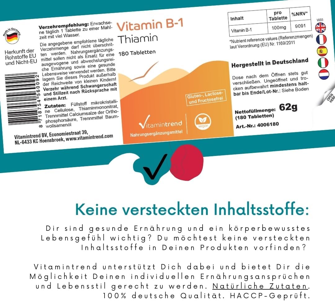 Detalle 2 de Vitamintrend Vitamin B1 hochdosiert 100 mg – VEGAN, 180 Tabletten, hergestellt in Deutschland