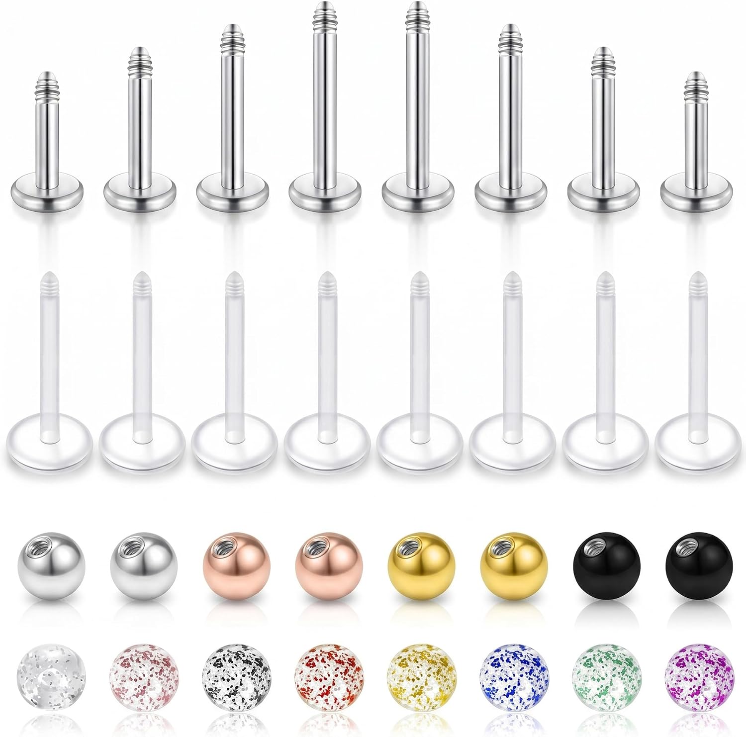Detalle de CIZME Labret Piercing 16G 1,2 mm Chirurgenstahl Silber Set – 12 Stäbe + 14 Kugeln