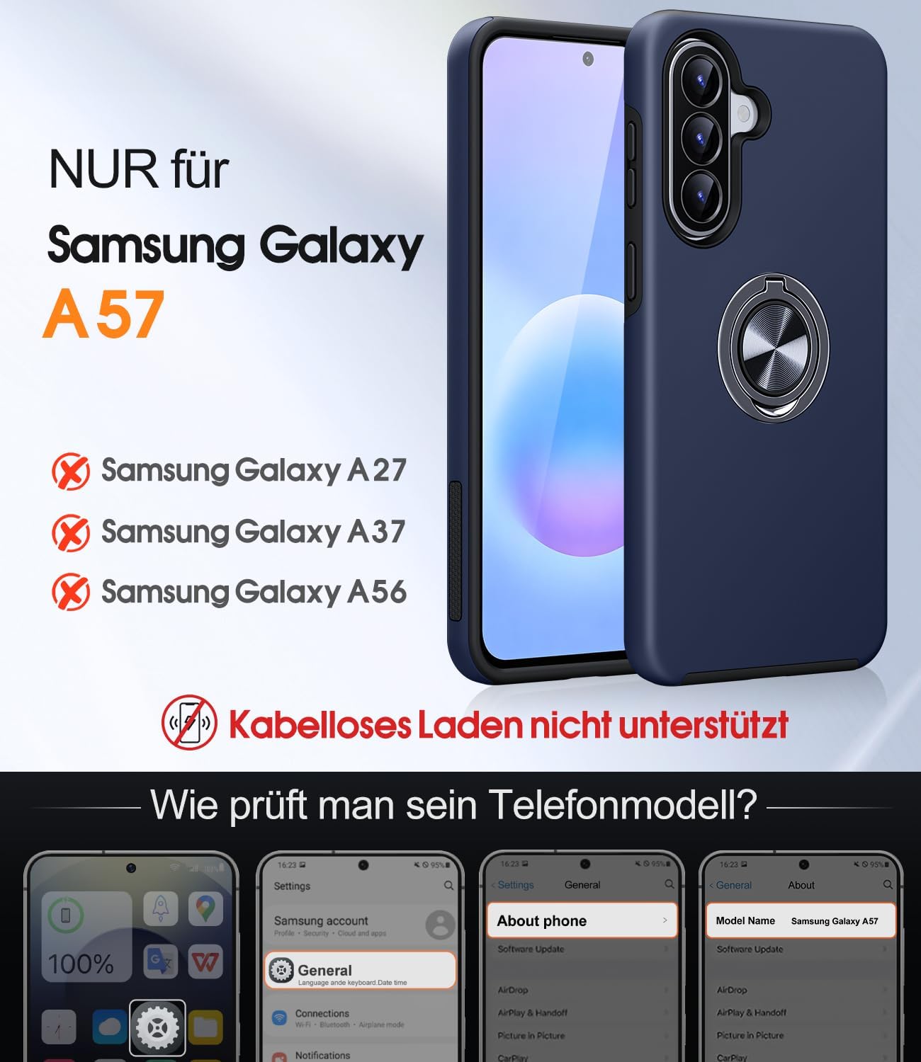 Detalle de AOUIA Hülle für Samsung Galaxy A57 5G mit 2x Panzerglas – 360° Ring-Ständer, Militärschutz, Blau