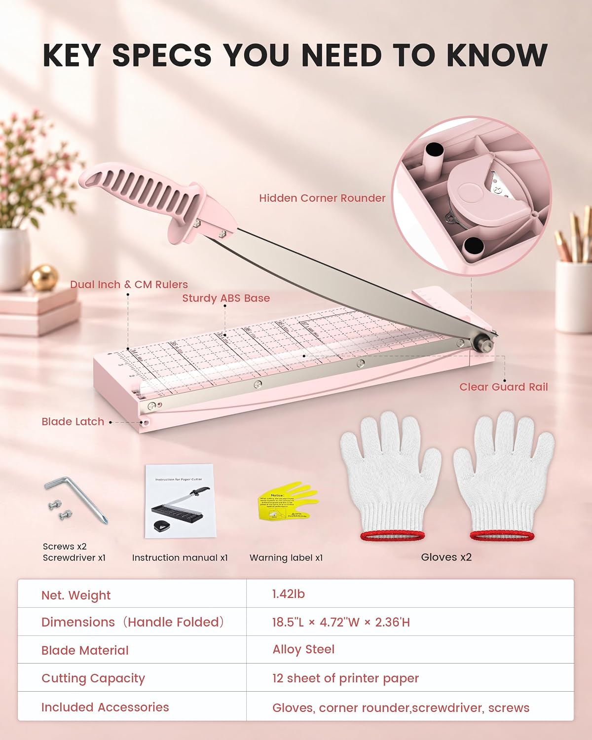 Detalle 2 de MAKEASY STC408 12-Inch Guillotine Paper Cutter, 12-Sheet Capacity, Pink