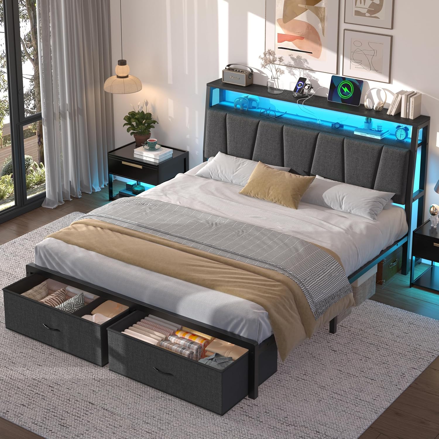 Detalle 2 de FreeHouse FRH--096CJ-GQ Queen Platform Bed Frame with Storage and LED Lights