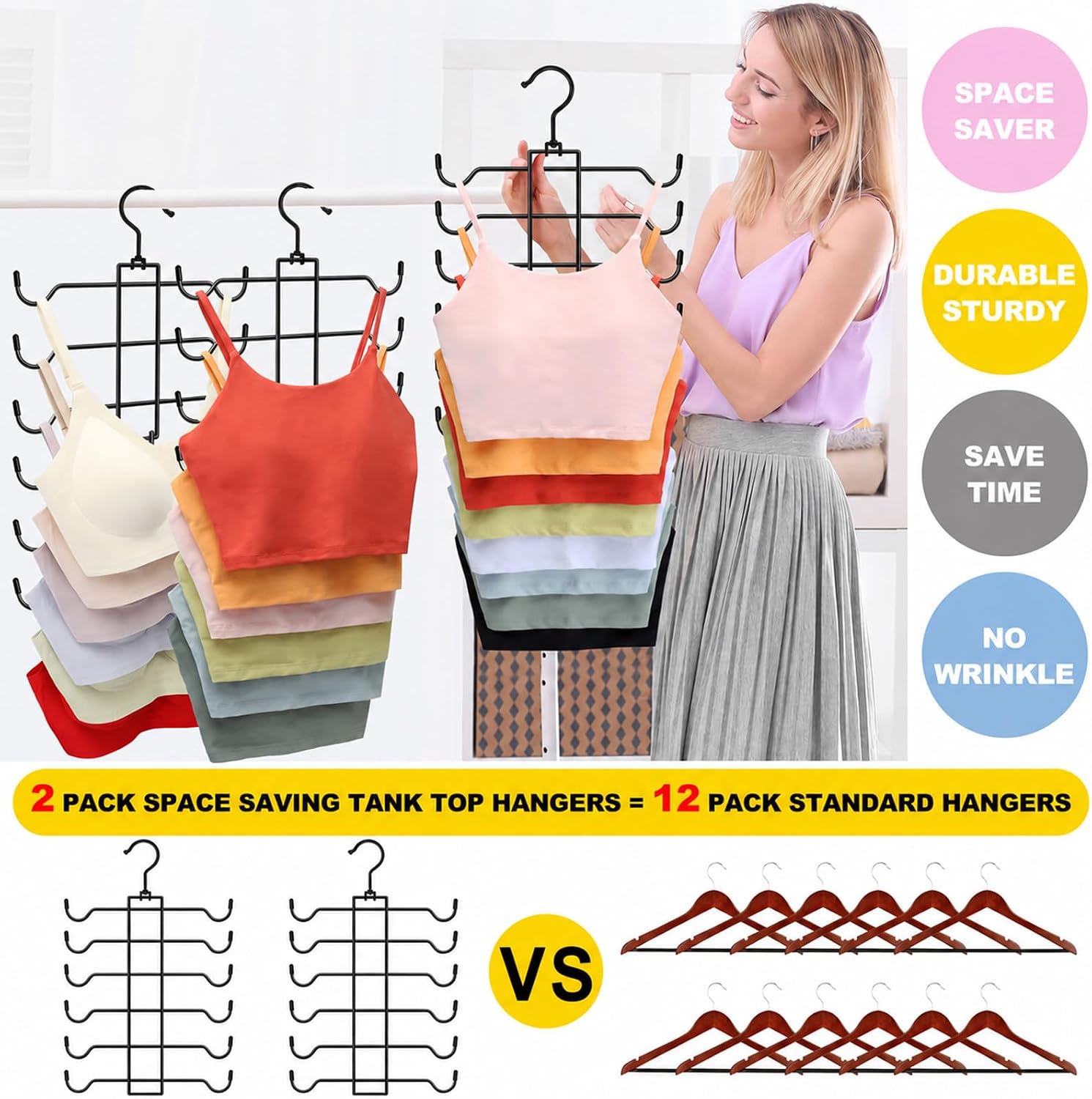 Detalle de CLODSPAC 2-Pack 6-Tier Tank Top Hangers, Foldable Stainless Steel Organizers