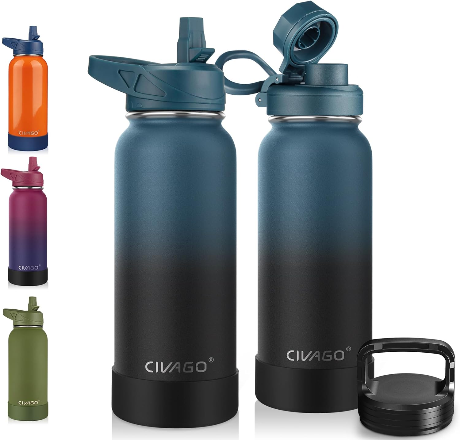 Thumbnail 5 de CIVAGO 32 oz Insulated Water Bottle with Straw — Stainless Steel, 3Lids, Wide Mouth