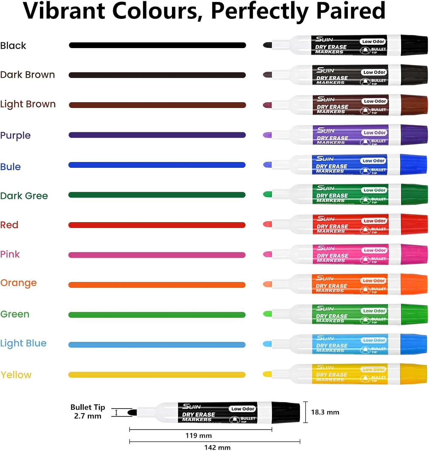 Thumbnail 1 de SUIN 12 Vibrant Whiteboard Pens (2.7mm Medium Bullet Tip) – low-odour dry-wipe markers in assorted colours