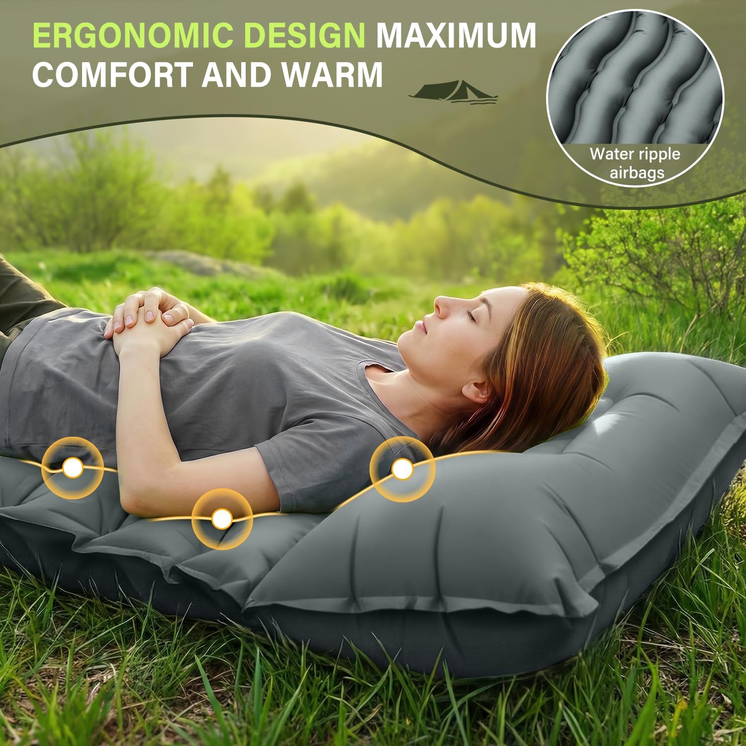 Detalle de FUN PAC Camping Sleeping Pad: Ultralight, 3-Inch Thick with Built-In Pillow
