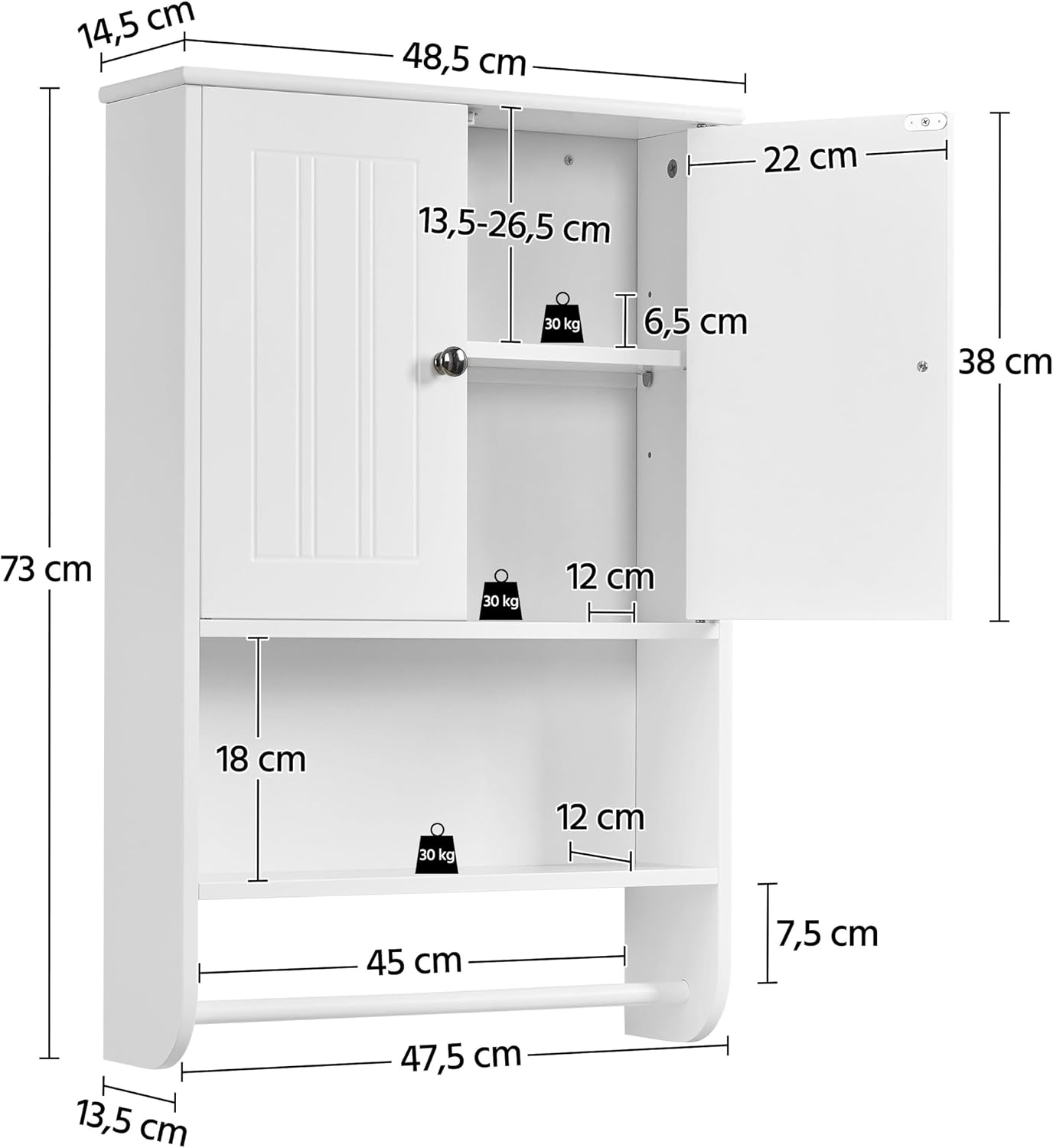 Detalle de Yaheetech Armadietto bagno sospeso 73 x 48,5 x 14 cm