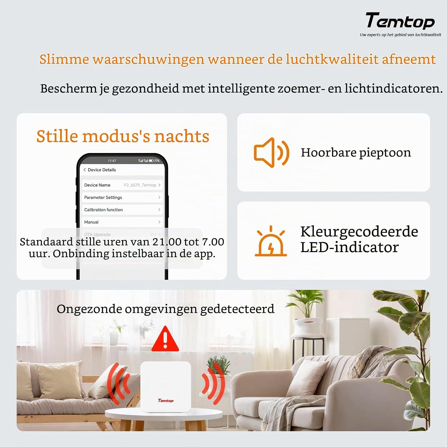 Detalle 2 de Temtop P2 luchtkwaliteitsmonitor voor PM2.5, PM10, CO₂ en luchtvochtigheid