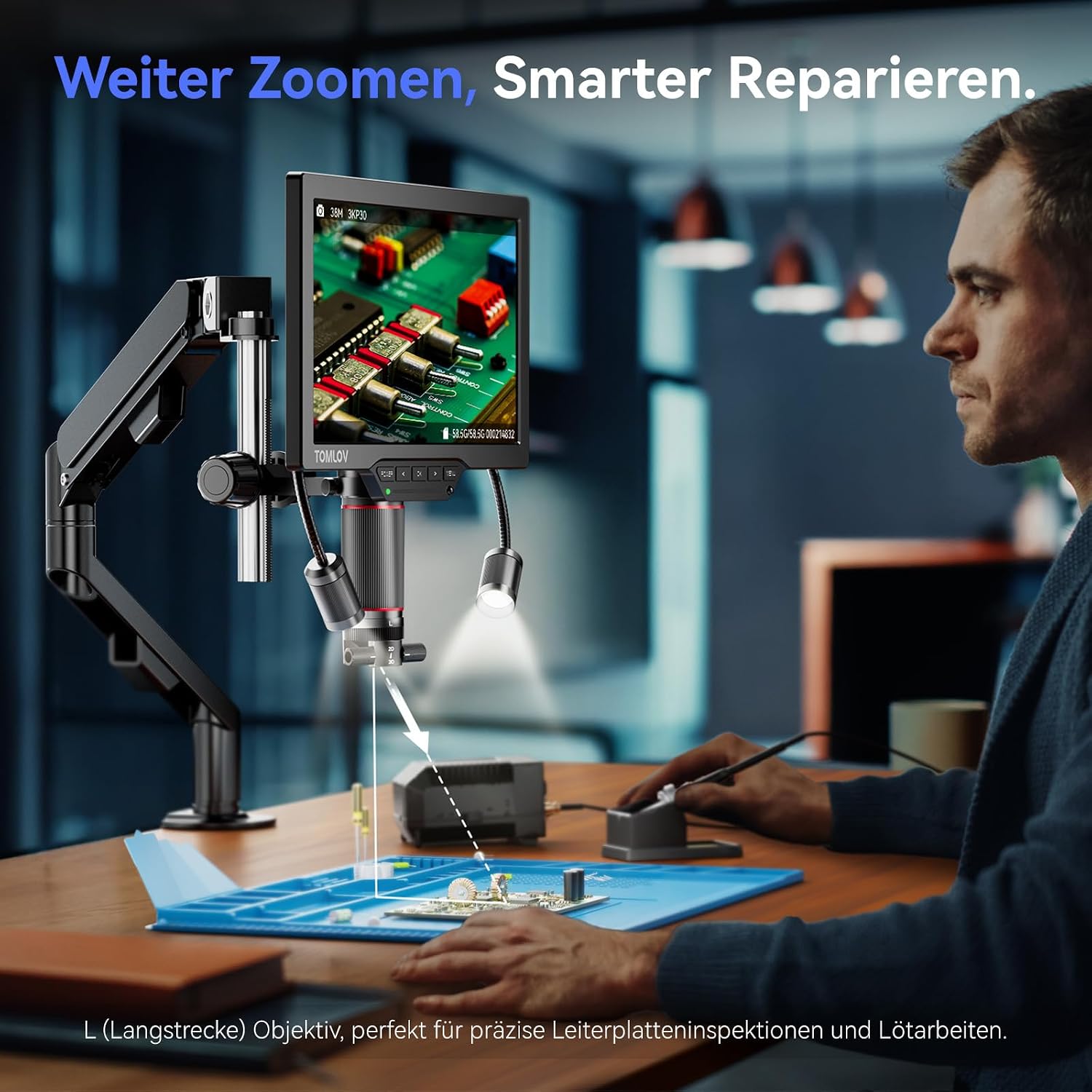 Detalle de TOMLOV TM3K-3D HDMI Digitalmikroskop mit magnetischen Dual-Linsen – 3K Video, 38MP Fotos, 7" IPS Display