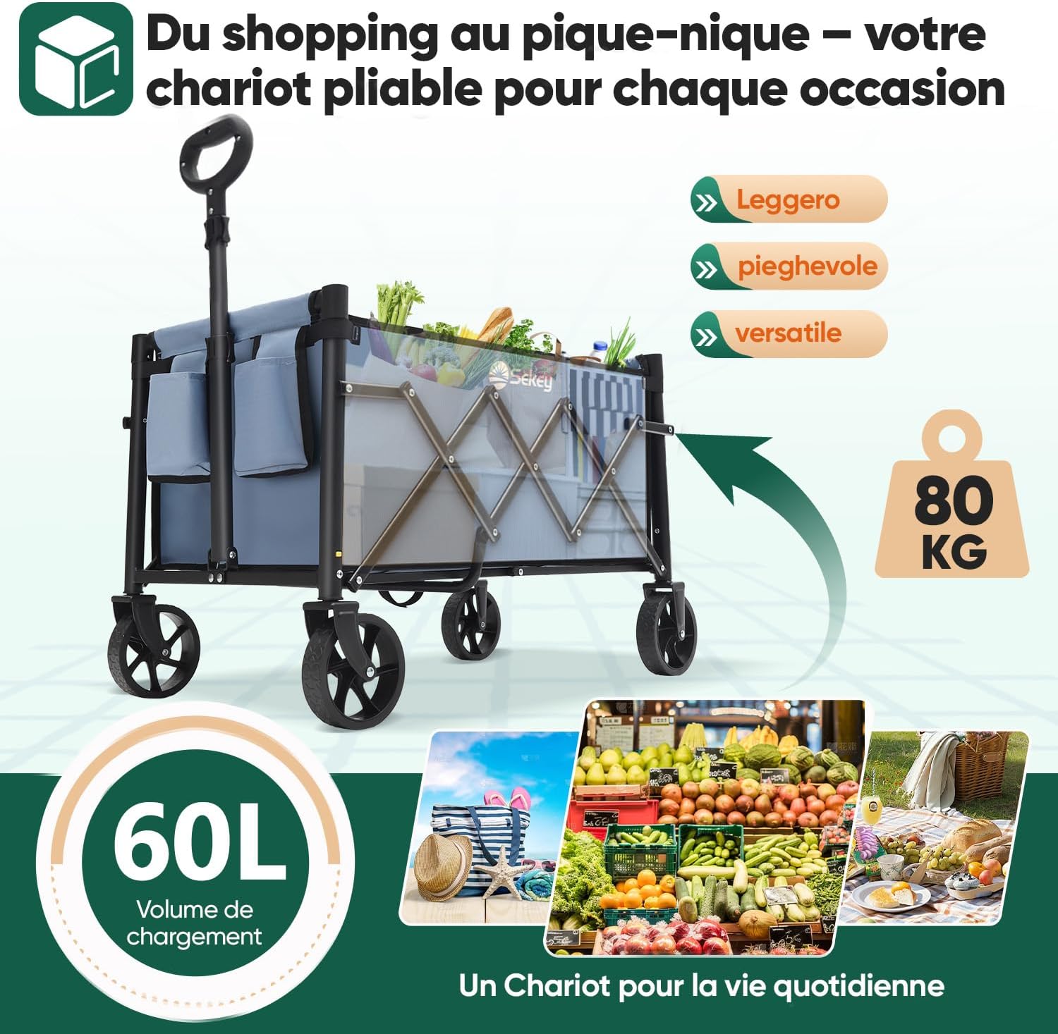 Detalle 2 de Sekey Carrello pieghevole 60L 80KG Blu