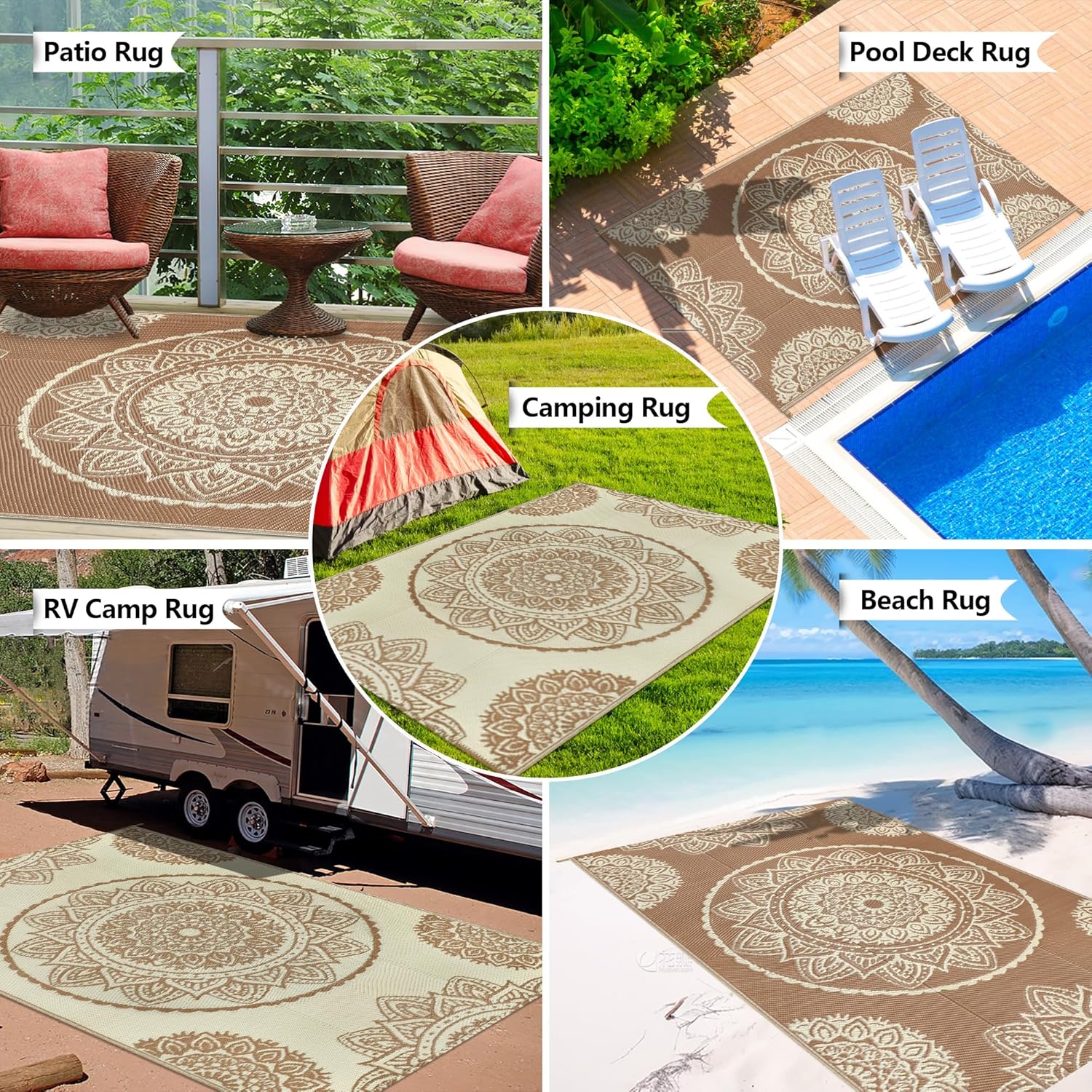 Thumbnail 2 de Famibay Outdoor Rugs Plastic Straw Waterproof Patio Rug (150 x 245 cm) – Reversible UV Resistant Indoor Outdoor Mat, Brown Beige