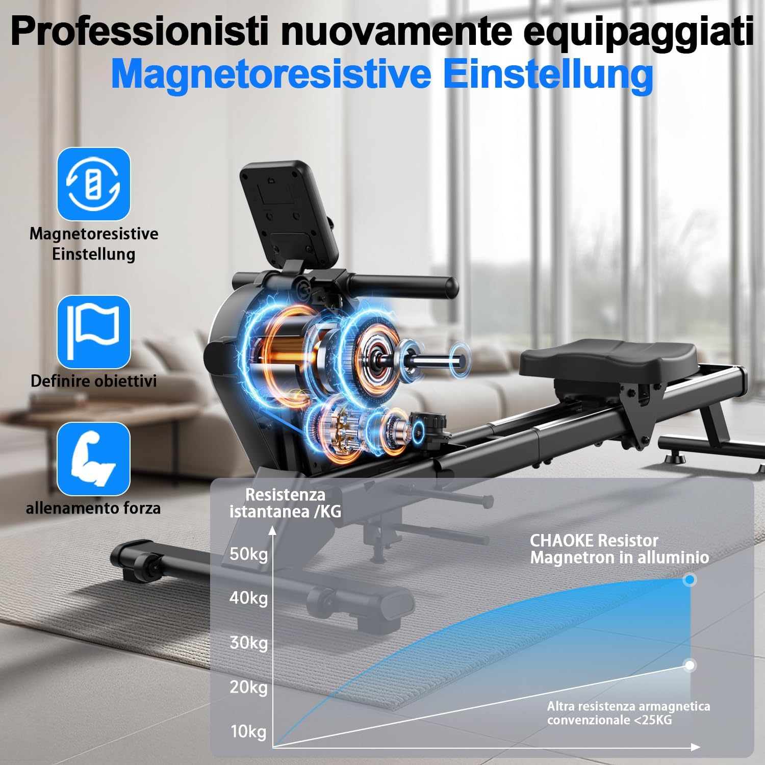 Thumbnail 1 de CHAOKE Vogatore magnetico per casa con 16 livelli di resistenza, guida doppia e app (monitor Bluetooth, portata 160 kg)