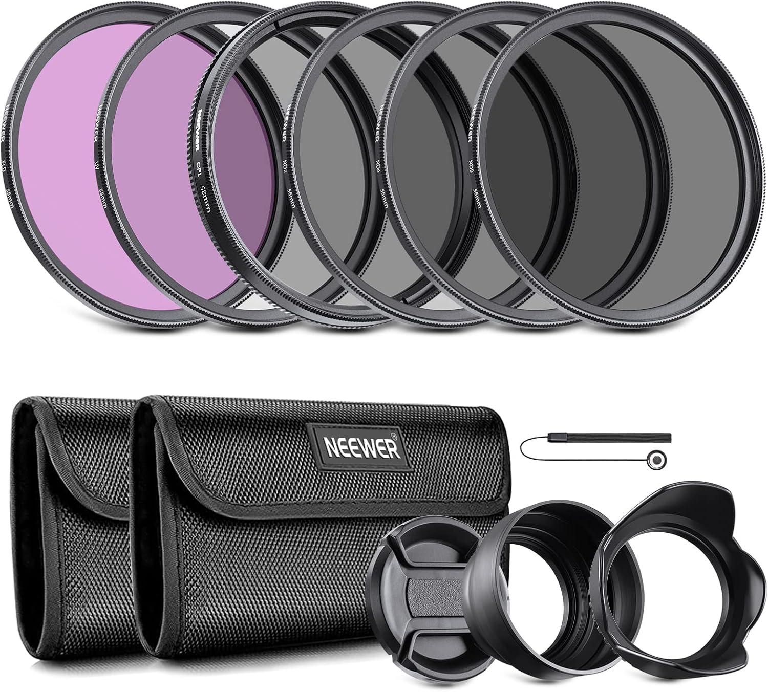 Detalle de NEEWER Kit de filtres 58 mm (UV, CPL, FLD, ND2/ND4/ND8) avec pare-soleil et capuchon d’objectif