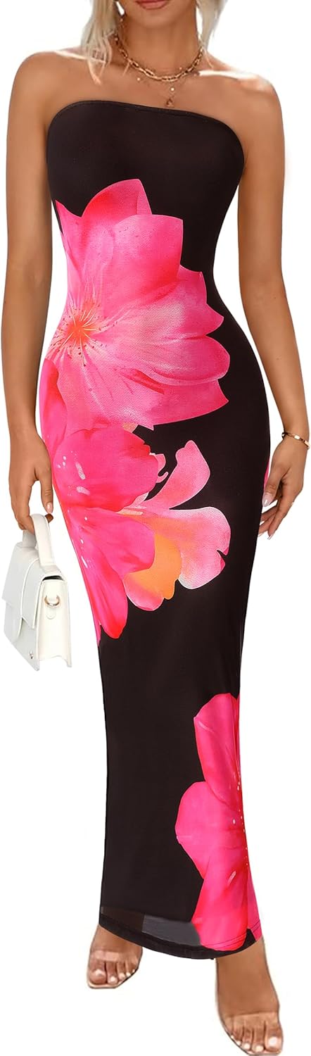 Detalle de PRETTYGARDEN Women Strapless Floral Mesh Maxi Dress with Bodycon Fit and Slit