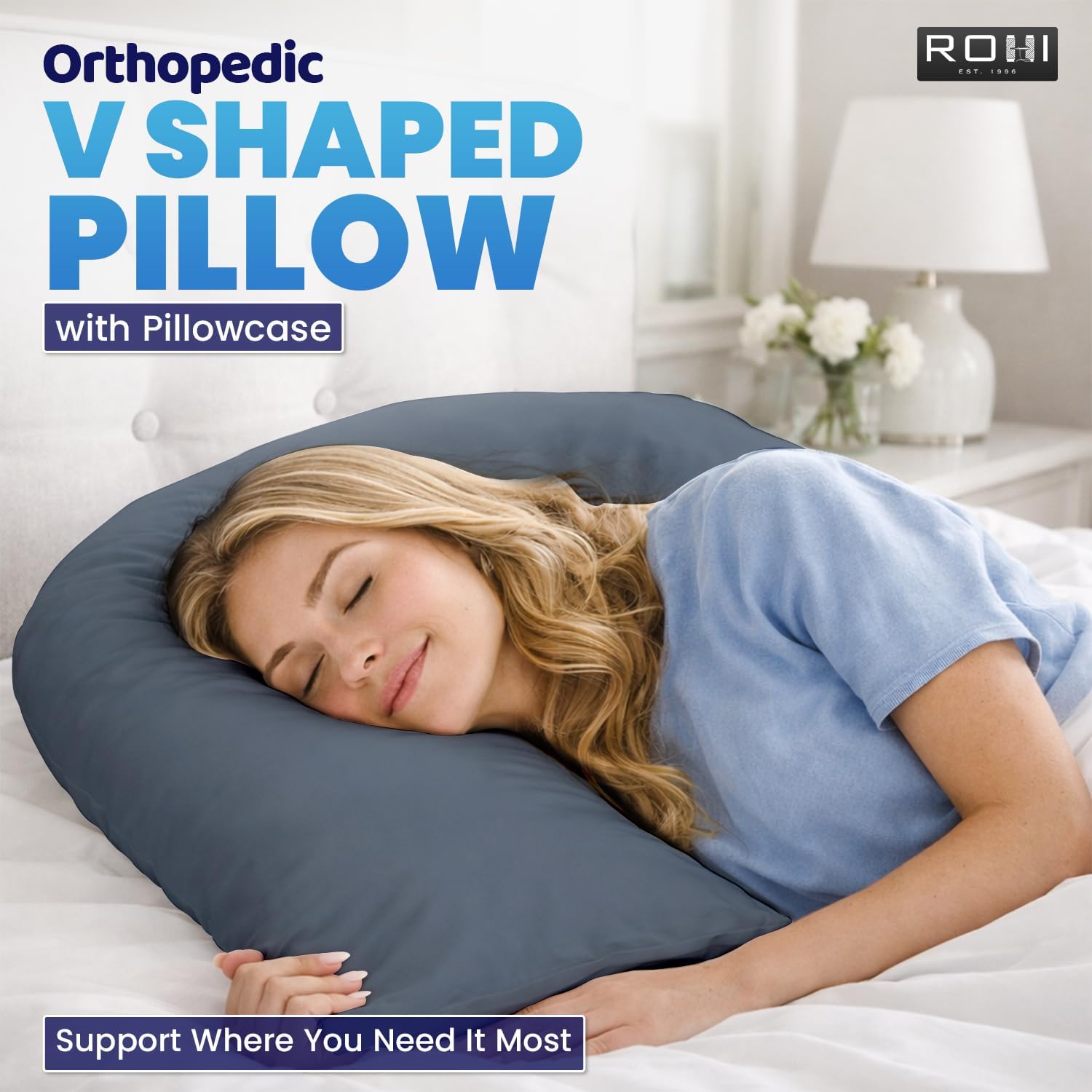 Thumbnail 1 de Rohi Orthopaedic V Pillow with Pillowcase – Anti Allergy Triangle Pillow for Adults (Grey)