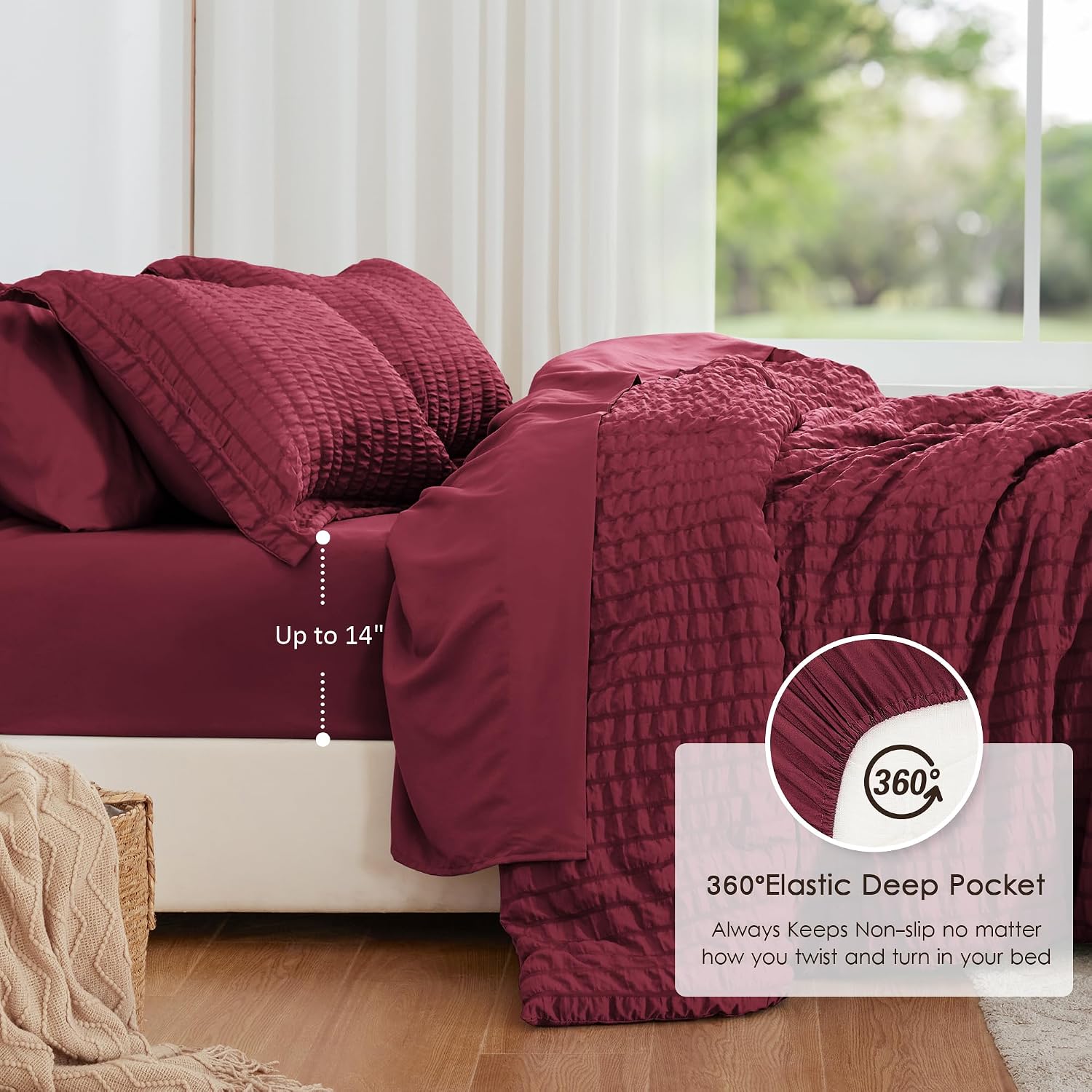 Thumbnail 2 de Love's cabin Seersucker Burgundy King Size Comforter Set — 7-Piece All Season Bed in a Bag