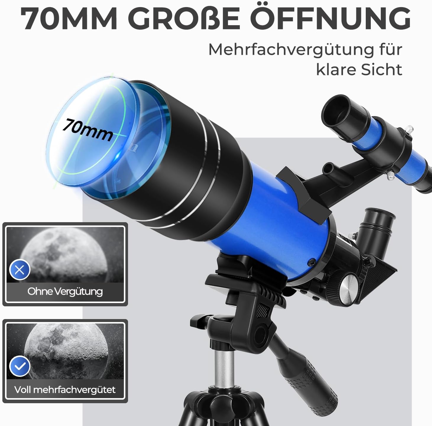 Thumbnail 1 de ESAKO Teleskop für Kinder & Einsteiger (70 mm) – tragbares Linsenteleskop mit ausziehbarem Stativ, Telefonhalterung und Mondfilter