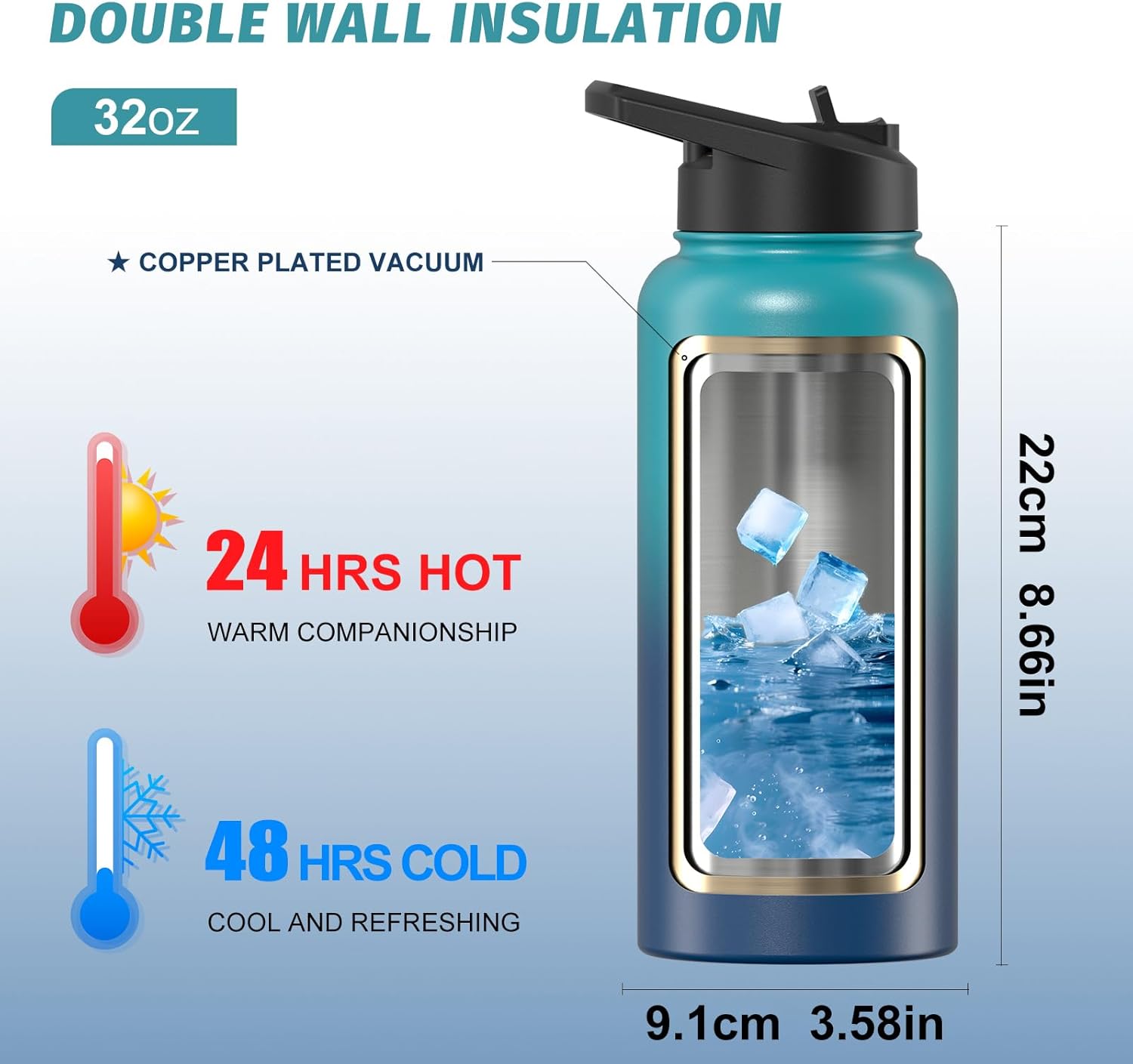 Thumbnail 1 de WATERSY 64oz Insulated Water Bottle (Cold 48 Hours) — BPA-Free, Leak-Proof Half-Gallon Flask with Straw Lids