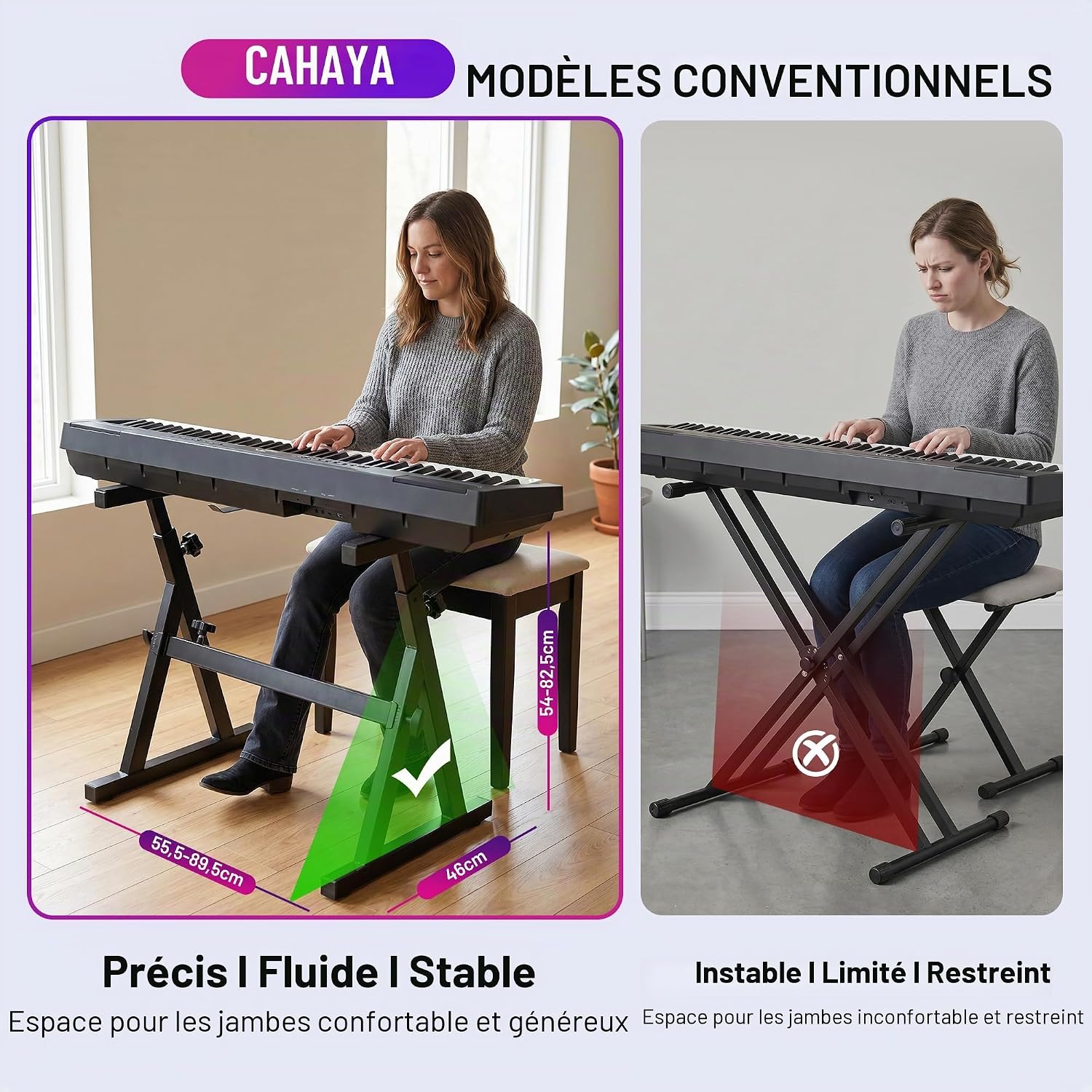 Detalle de CAHAYA Support Clavier Piano en Z – robuste et adjustable jusqu’à 113 kg, 55,5–89,5 cm