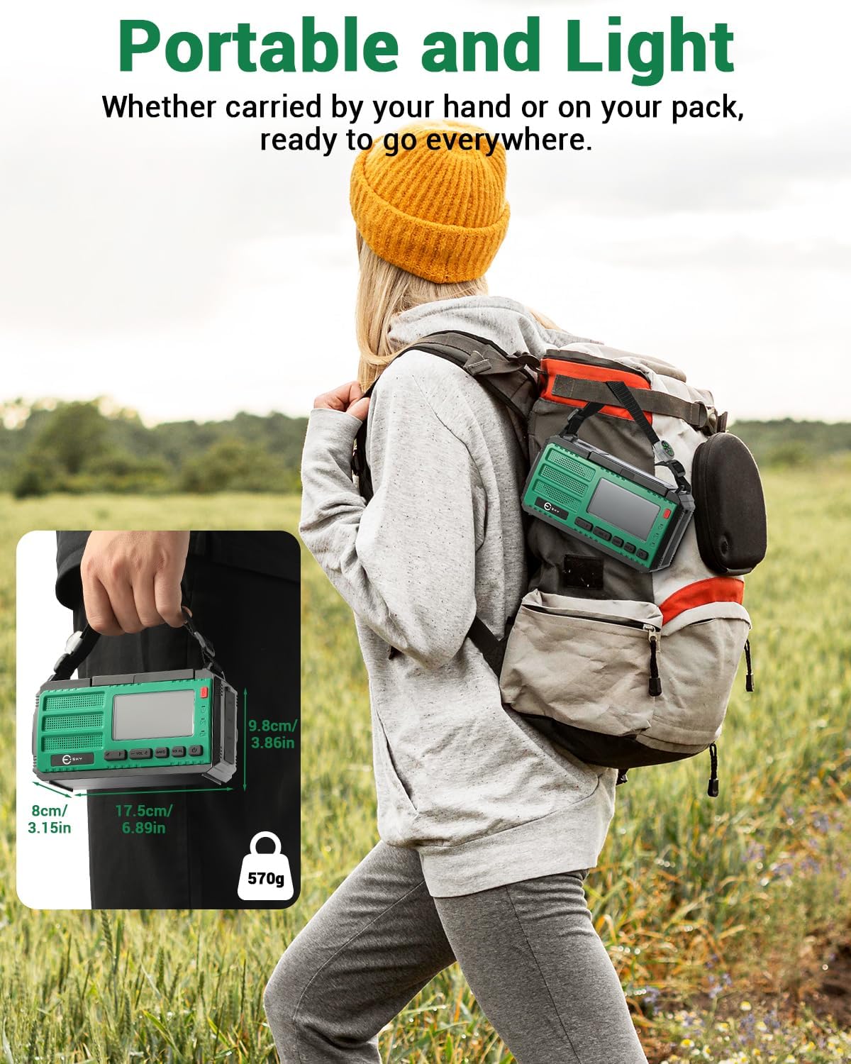 Detalle 2 de Esky 10000 mAh Radio Manovella: radio d'emergenza portatile con energia solare, torcia e bussola