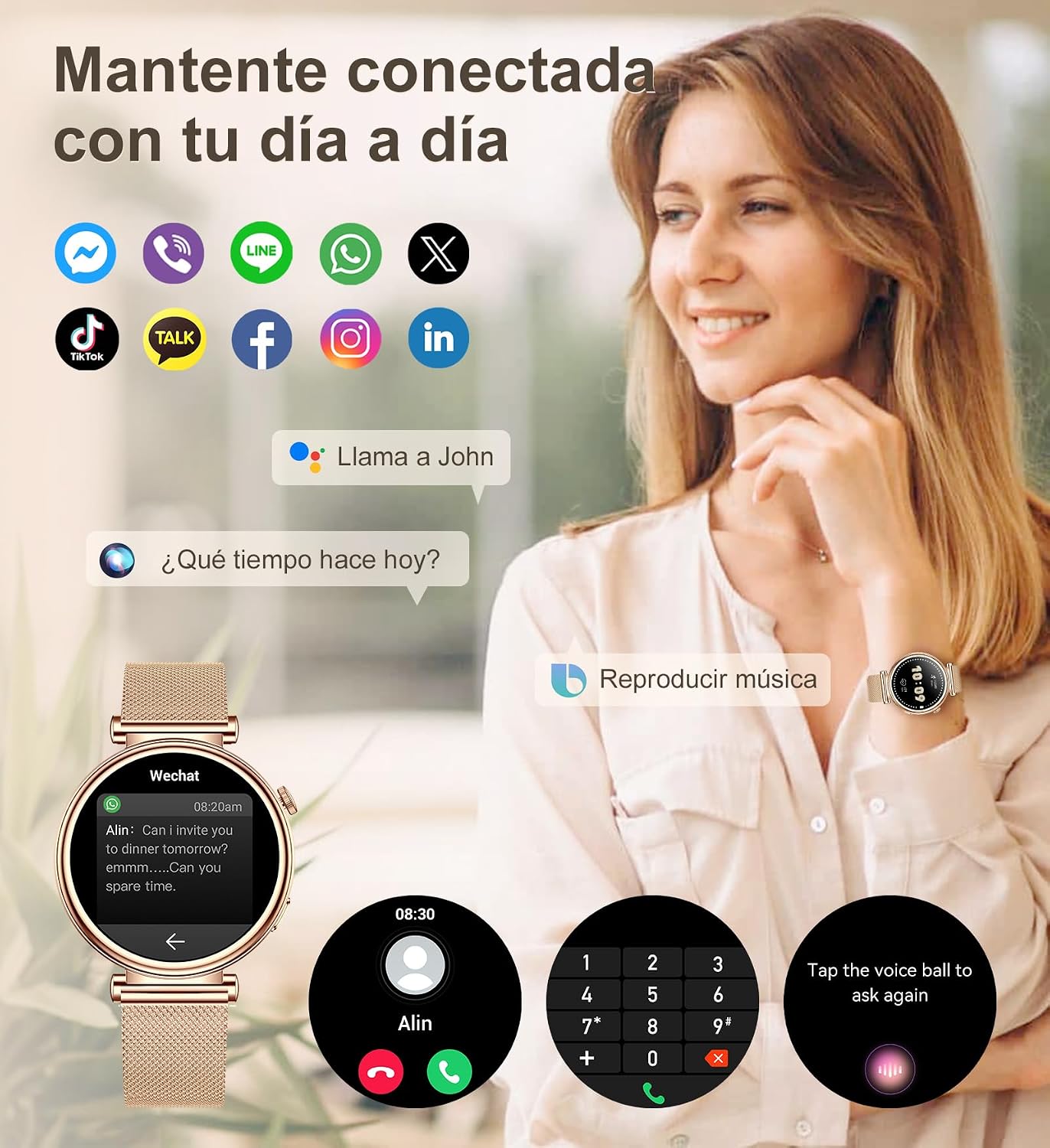 Detalle 2 de Smartwatch Mujer Redondo 1.27", Llamadas y 100+ Modos