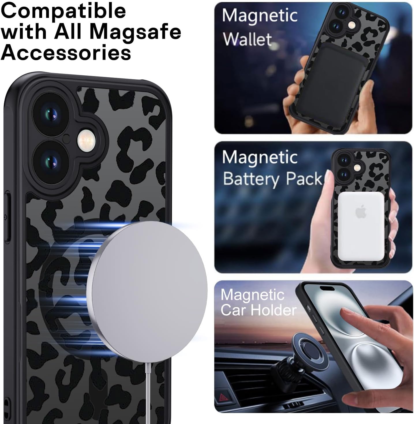 Thumbnail 2 de Coque magnétique XTCASE pour iPhone 16 compatible MagSafe – motif léopard noir, dos translucide mat