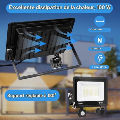 Thumbnail 3 de VRFMALIY Projecteur LED Extérieur 100W avec Détecteur de Mouvement – 10000 lm, IP67
