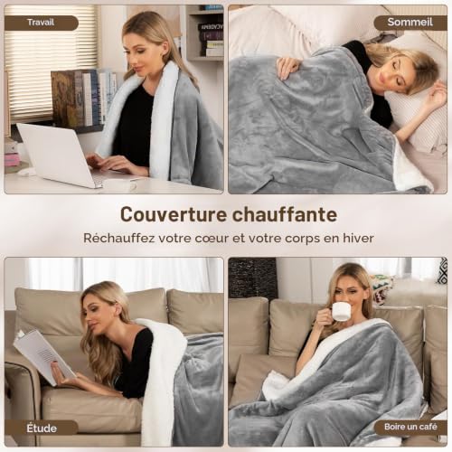 Detalle de OneAmg Couverture chauffante 155 × 180 cm en flanelle grise, 6 niveaux