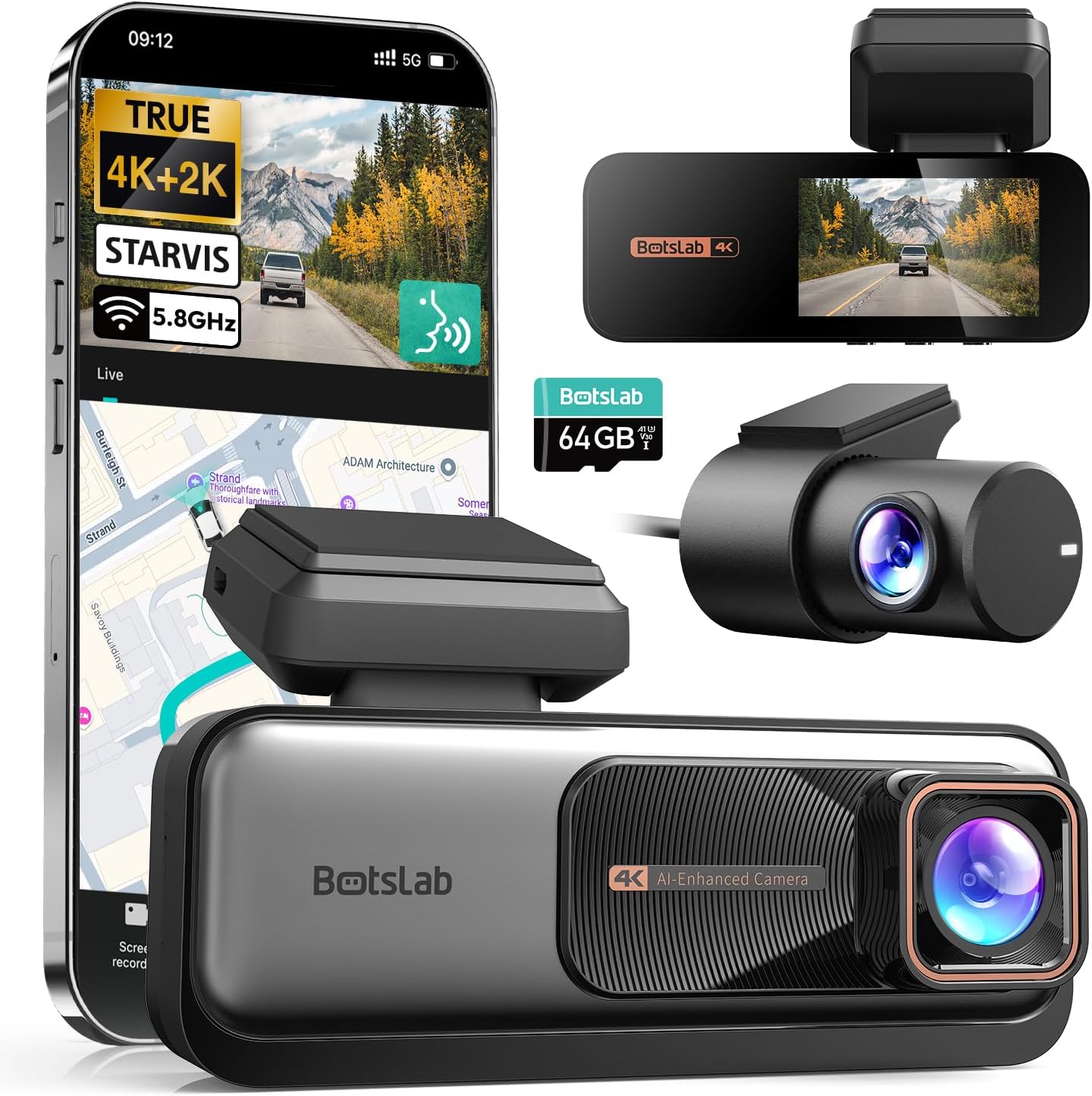 Detalle de BOTSLAB 4K Dash Cam with 64GB and 170° view