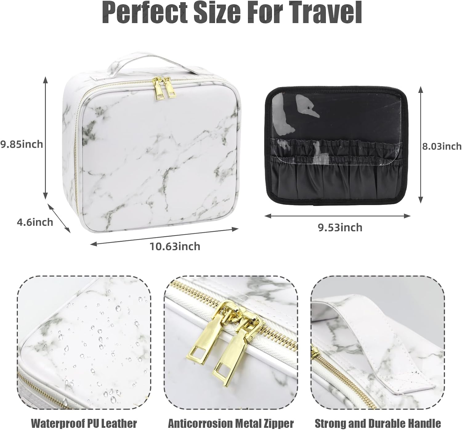 Thumbnail 3 de Travel Makeup Bag with Mirror and Lights (Marble) – Lighted Mirror, Adjustable Dividers & Brushes Holder