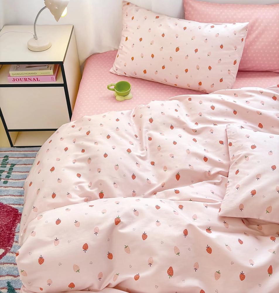 Detalle de AShanlan Bettwäsche Baumwolle 135x200 Rosa Erdbeeren – Kawaii Set mit Reißverschluss und ÖkoTex Zertifizierung