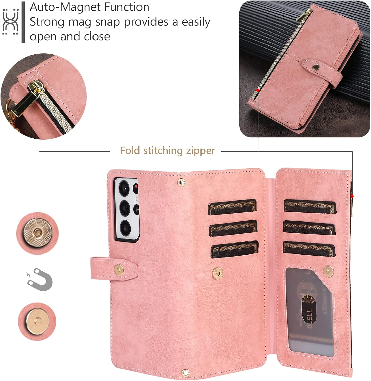 Detalle de UEEBAI Wallet-Hülle für Samsung Galaxy S23 Ultra – Vintage Retro Leder mit 9 Kartenfächern, Umhängegurt, Standfunktion und Reißverschluss in Rosa