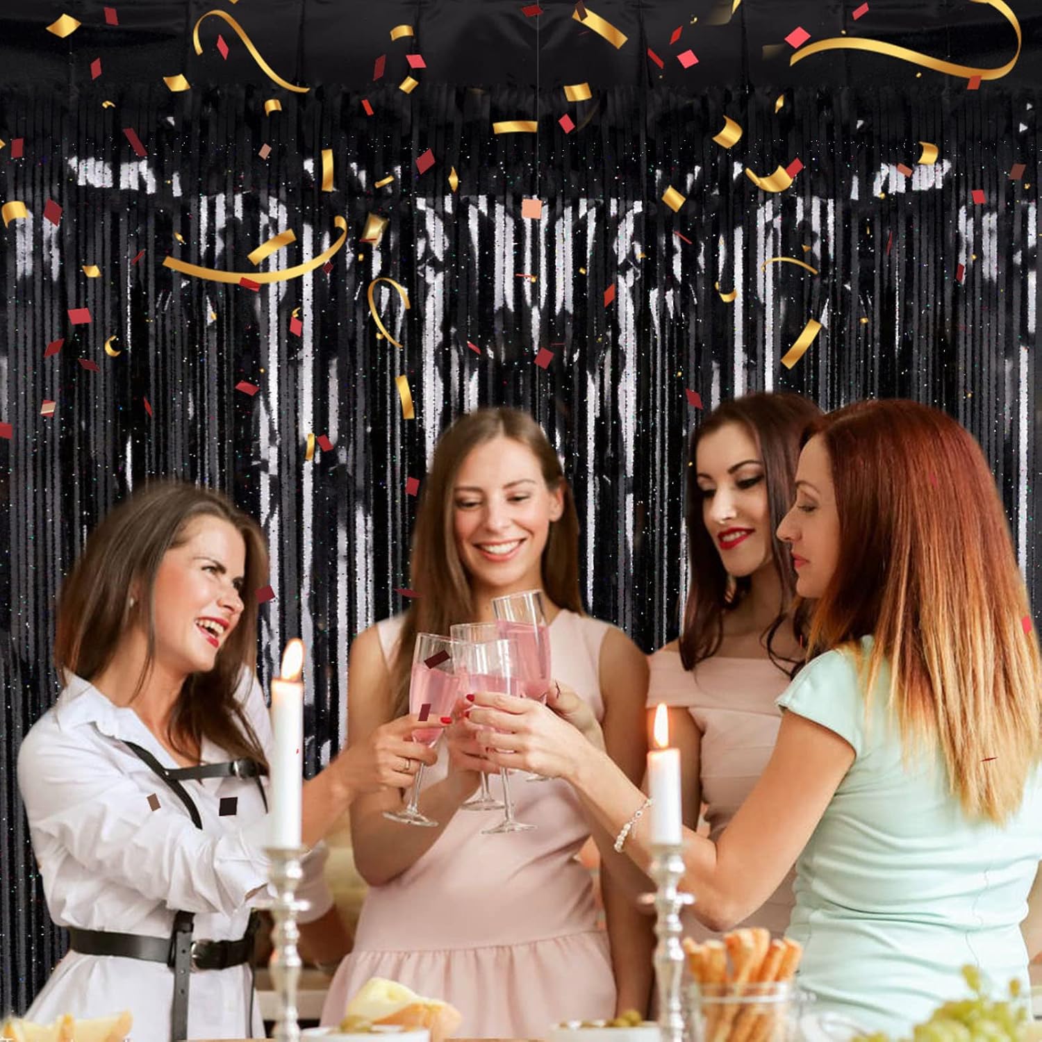 Thumbnail 4 de 2 Pack 3.2ft x 8.2ft Black Tinsel Foil Fringe Curtain – Sparkly Backdrops for Photo Booths