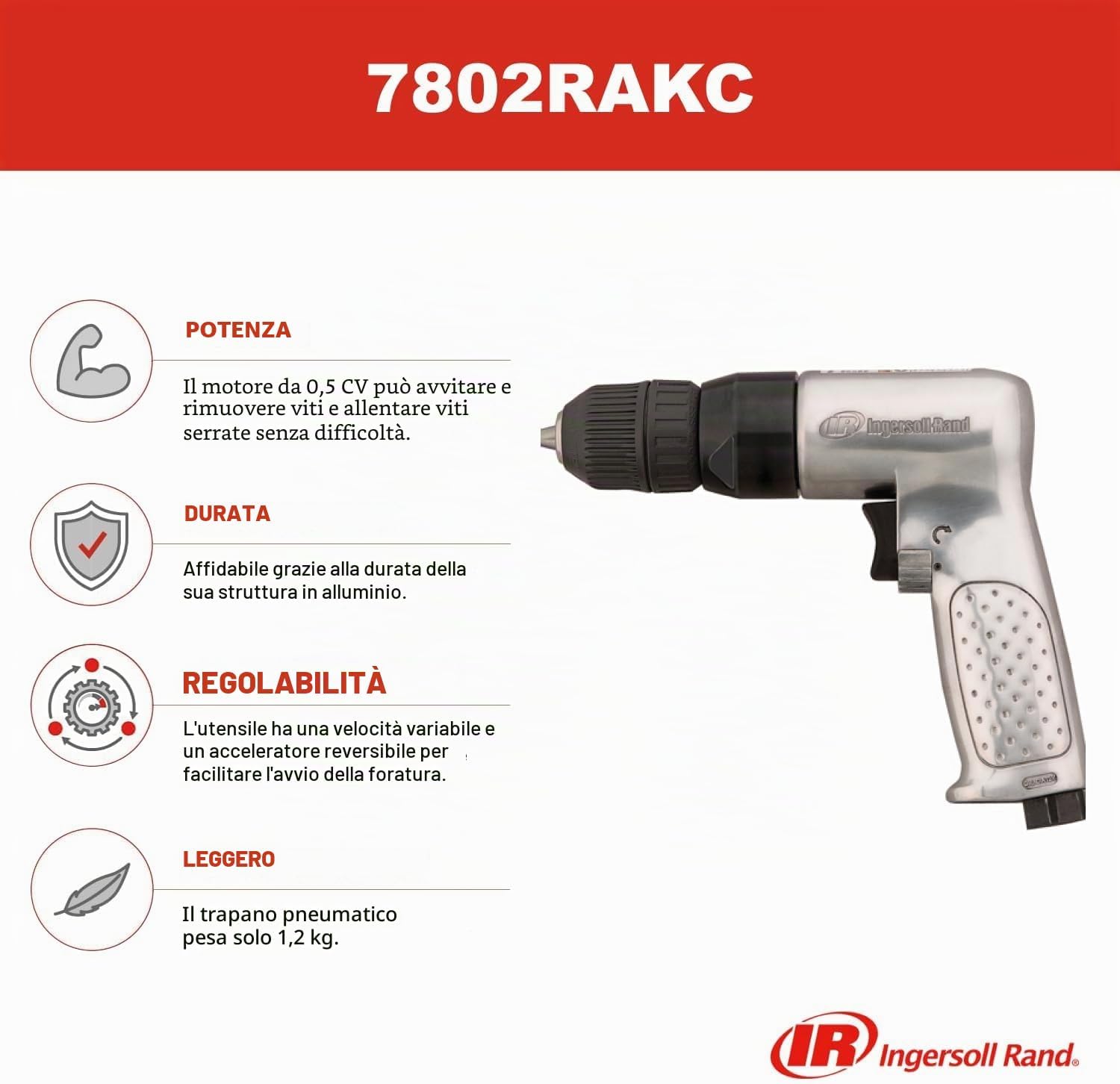 Detalle de Ingersoll Rand Trapano Pneumatico 7802RAKC: potenza reversibile da 0,5 CV con mandrino senza chiave 3/8
