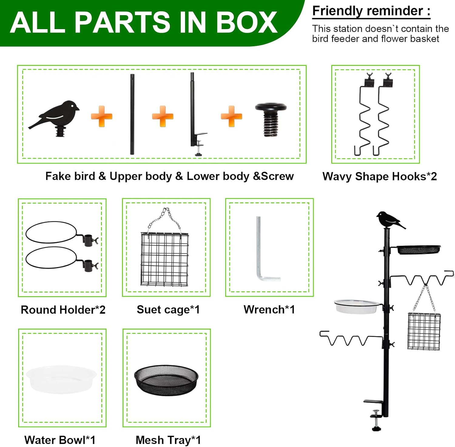 Thumbnail 6 de HRAYLTOP Deck Bird Feeder Station Kit with Steel Hooks, Tray & Water Bowl (Black) – Balcony & Porch Railing Hanging Set