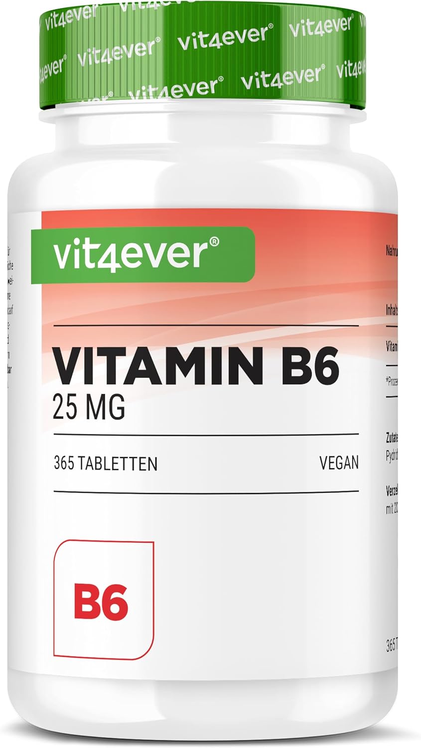 Detalle de vit4ever Vitamine B6 P-5-P (Pyridoxal-5-Phosphate) 25 mg – 365 comprimés, vegan